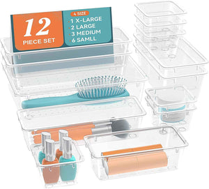 12 PCS Drawer Organizer Set, 4 Sizes Tool Storage Trays, Clear Plastic Makeup Vanity Organizer and Storage Bins for Makeup, Stationeries, Multiple Gadgets for Bathroom, Office, Bedroom