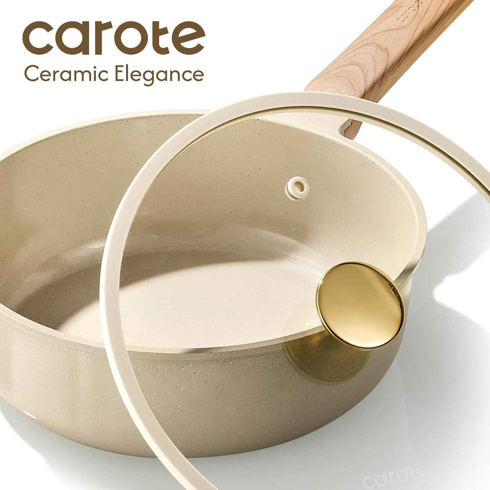 CAROTE 14Pcs Non-stick Ceramic Cookware Set, PFAS and PFOA Free, Kitchen Cooking Essentials