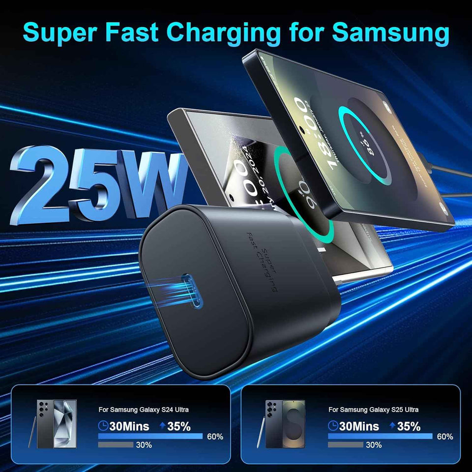 25w super fast charger type c compatible with samsung galaxy s series, 10ft long android type c cable 2pack