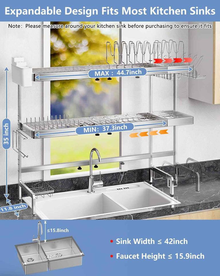 3 Tier Extra Large Stainless Steel Over The Sink Dish Drying Rack - Expandable Multifunctional Organizer and Space-Saving Above Sink Dish Rack