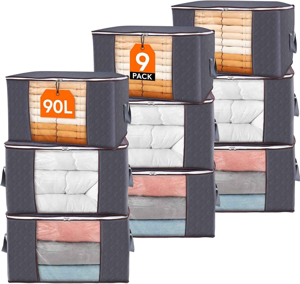 Lifewit 6 Pack Clothes Storage Bins with Lids, Foldable Blanket Storage Bags with Zippers, Clear Window and Reinforced Handles, Closet and Organization for Clothing, Sweater, Comforter, Bedding, Gray