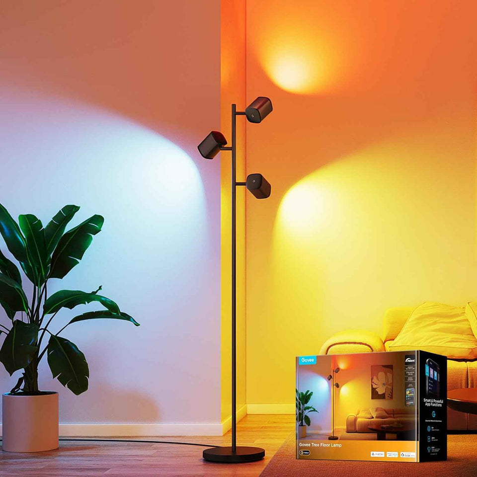 govee tree floor lamp with luminblend technology, 3 rotatable lights, standing lamp with 64 dynamic scenes, matter compatible