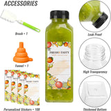 TOMNK 100pcs 16oz black plastic beverage containers with caps, funnel, and brush for juicing and smoothies