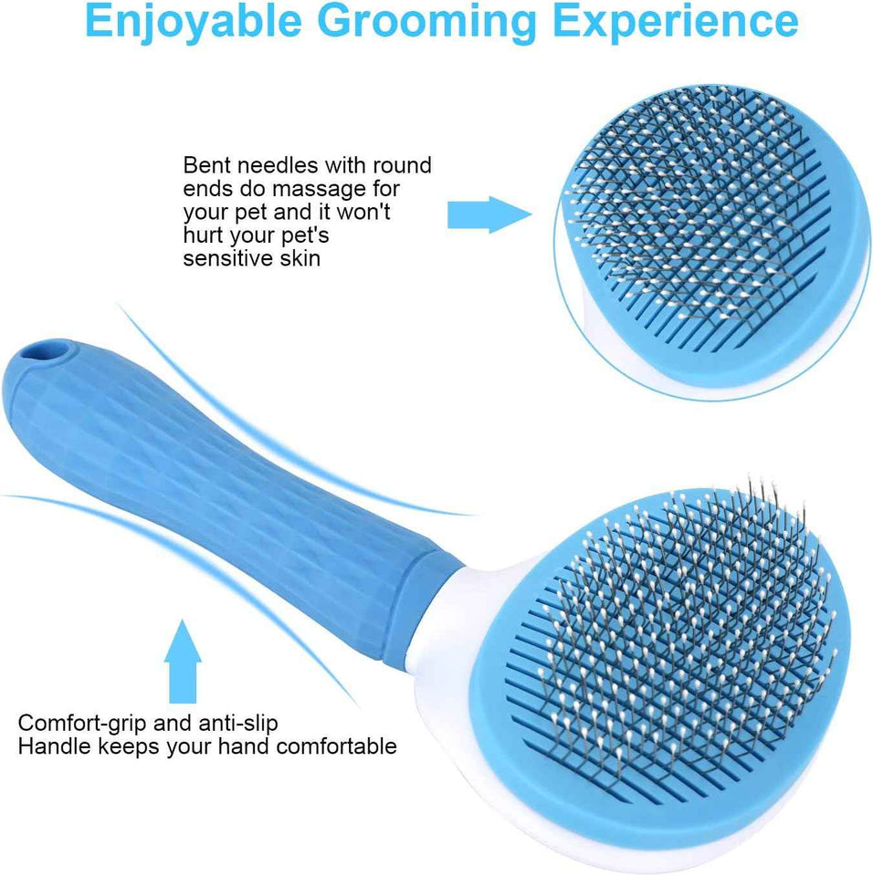 Depets self-cleaning slicker brush for dogs, cats, and bunnies with long or short hair - blue and white