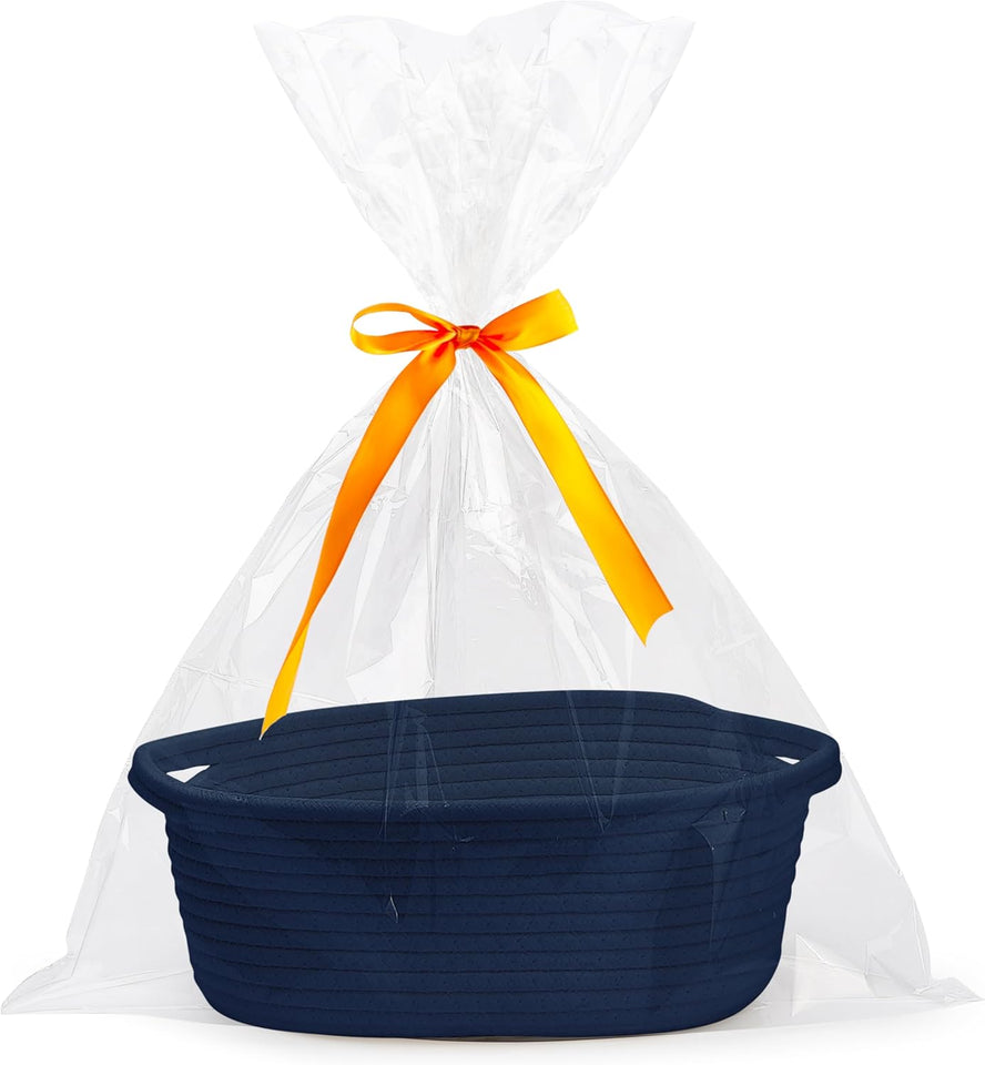 White small woven burr basket with gift bags and ribbons, 12" x 8" x 5", durable storage for gifts, baby toys, and living room essentials