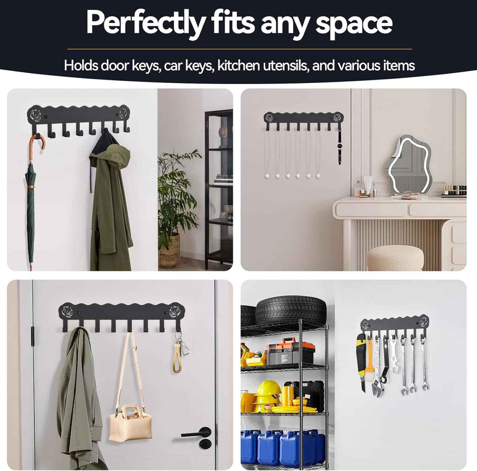 Key Holder Hooks Organizer Hanger Rack Wall Mounted with 8 Hooks, Adhesive Key Holder for Wall, No Drill Modern Key Holder Wall Mount, for Entryway, Kitchen, Hallway, RV Decor （Medium）