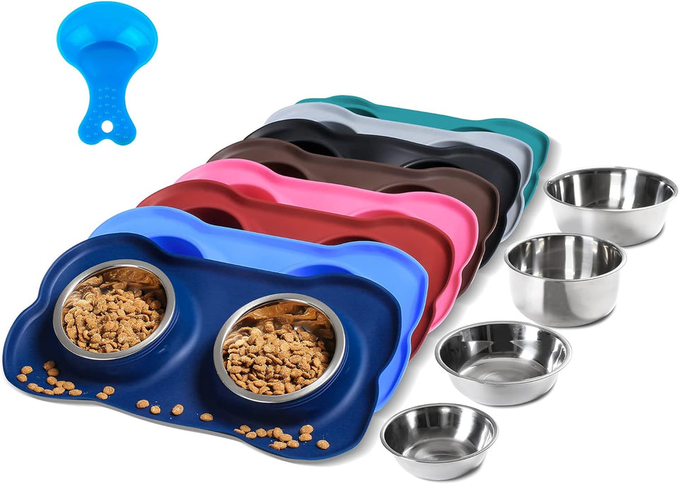hubulk pet dog bowls 2 stainless steel no spill non skid silicone mat pet food scoop water feeder for small medium large dogs cats