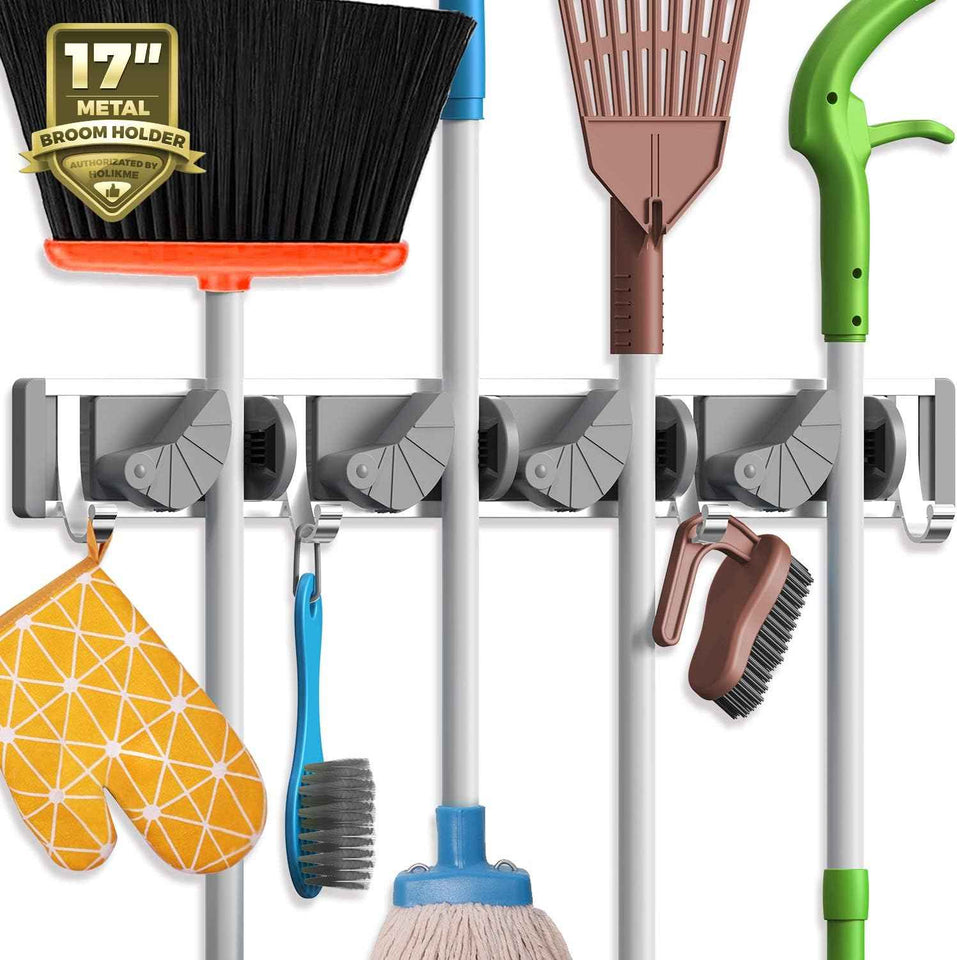 Holikme Metal Mop Broom Holder with 4 Hooks for Home and Kitchen Organization Storage