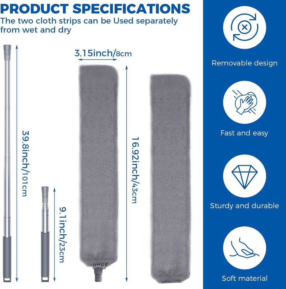 Retractable Microfiber Dusting Cloths with Long Handle 60inches for Cleaning Under Appliances Furniture Couch Fridge