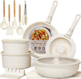 Astercook 21 Pcs Ceramic Non-stick Cookware Set, Detachable Handles, Oven Safe, Induction Ready, Stackable, Cream White