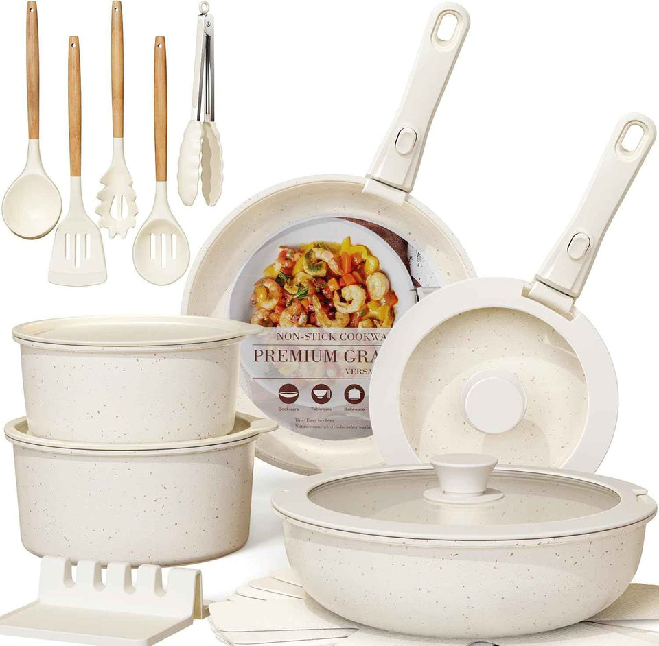 Astercook 21 Pcs Ceramic Non-stick Cookware Set, Detachable Handles, Oven Safe, Induction Ready, Stackable, Cream White