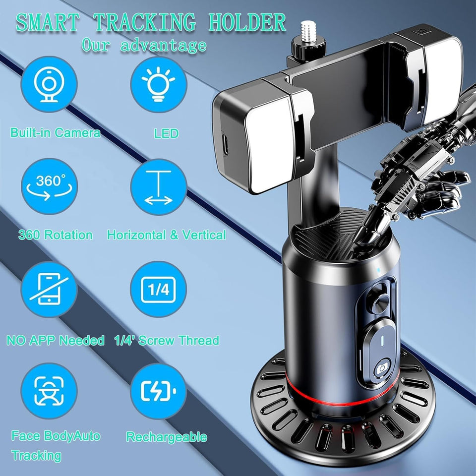 Crienten Auto Face Tracking Tripod 360° Rotating Auto Tracking Phone Stand, No App Required,Phone Camera Stand with Remote，Rechargeable Smart Shooting Stand for Live Video Recording Tiktok - Black