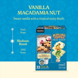 kauai coffee k-cup pods, arabica coffee, 10% hawaiian, medium roast, vanilla beans with toasted macadamia nuts, 22 count