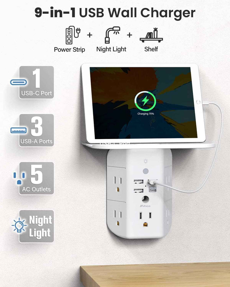 Mifaso 3-sided multi-plug power strip with shelf, night light, and surge protector, white