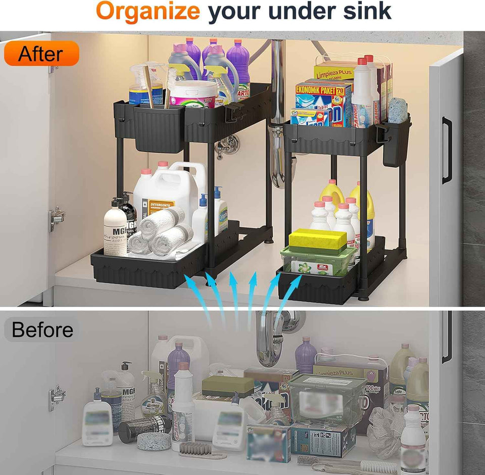 4-Pack Under Sink Organizer: 2-Tier Pull-Out Cabinet Storage with Hooks