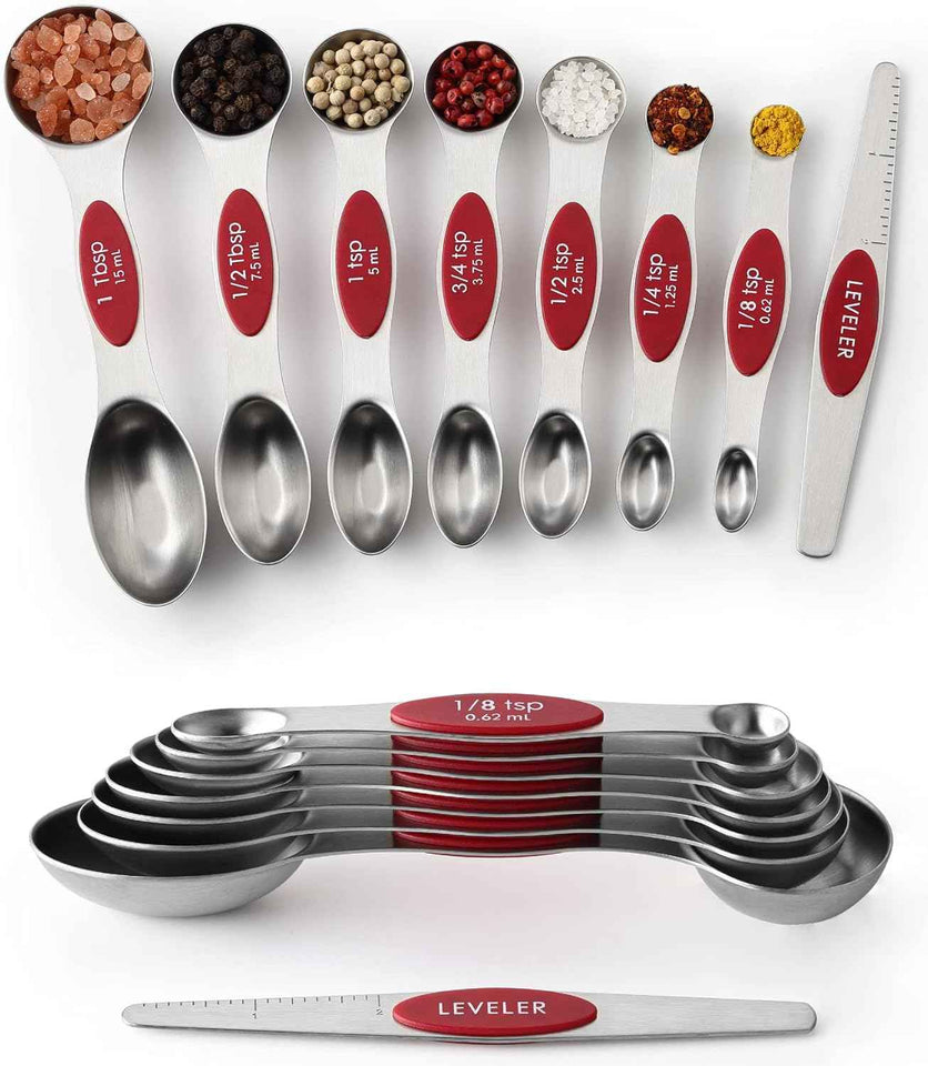 Spring Chef Stainless Steel Magnetic Measuring Spoons Set with Strong N45 Magnets, Heavy Duty Metal Kitchen Gadgets for Baking & Cooking, Fits in Most Kitchen Spice Jars, Set of 8 with Leveler, Black