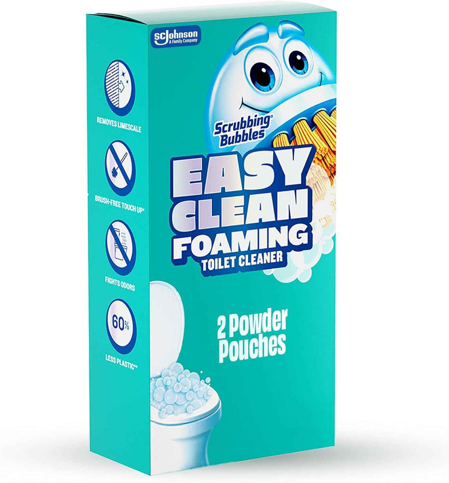 Scrubbing Bubbles easy clean foaming toilet bowl cleaner, 2 x 100g easy drop in powder pouches, quick cleaning