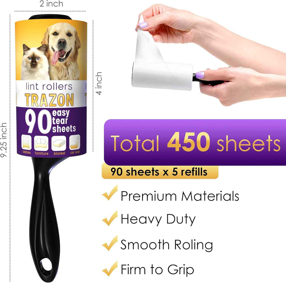 Trazon Value Pack of 450 Sheets White Lint Rollers for Pet Hair Removal and Clothing, Carpets