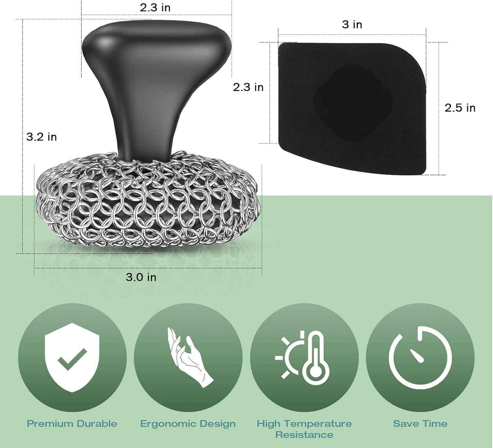 316 cast iron scrubber chainmail scrubber with pan scraper for kitchen and pan cleaning, dishwasher safe, black