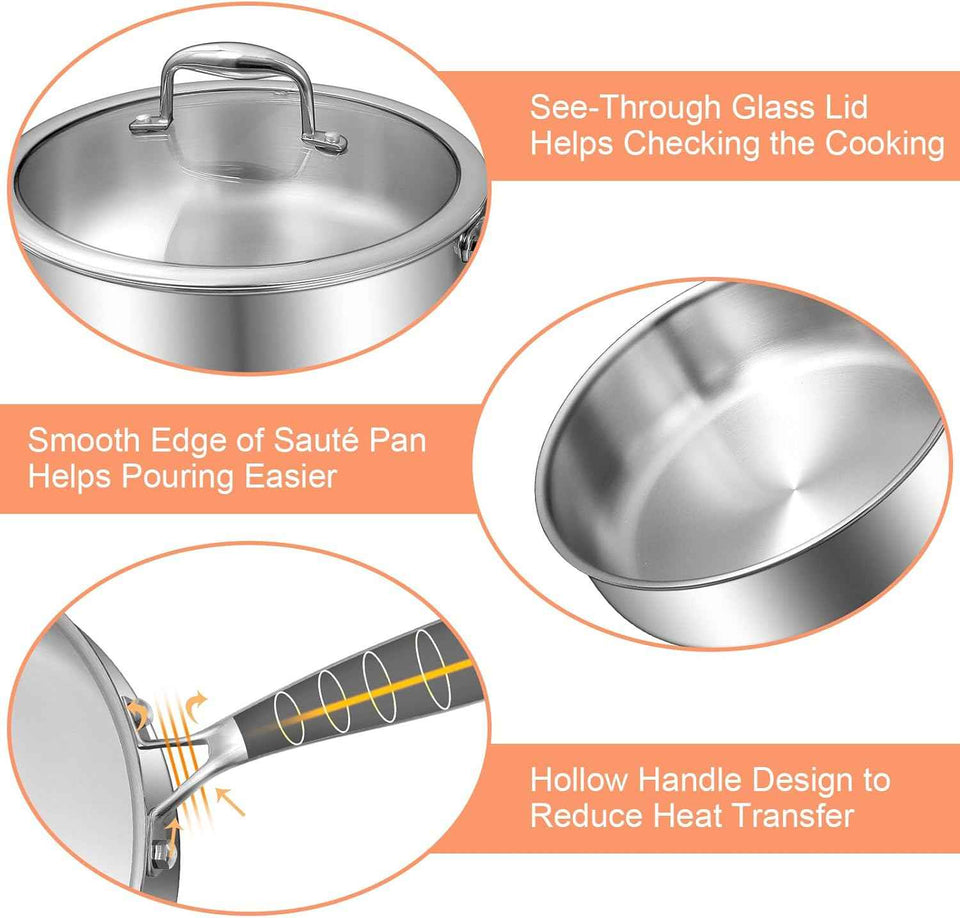 EWFEN 12 Inch Tri-Ply Stainless Steel Frying Pan, Compatible with All Cooktops Up to 600℉, Large Frying Pan with lids, Induction-Ready Skillet, Dishwasher and Oven Safe, Even Heat, 12" Saute Pan+Lid