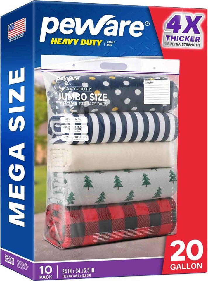 20 Gallon Heavy Duty Jumbo Storage Bags with Handle – 24" x 34" Resealable Zipper Top, Oversized Storage Solution for Clothes, Food, Pillow, Bedding, Household, BPA-Free, Pack of 5, 6 Mil Thick