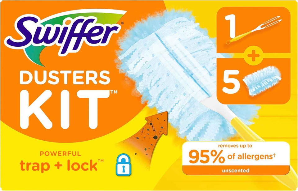 Swiffer TRAP + LOCK Dusters Starter Kit, Includes 1 Handle and 5 Dusters, Allergen-Grabbing Dusting