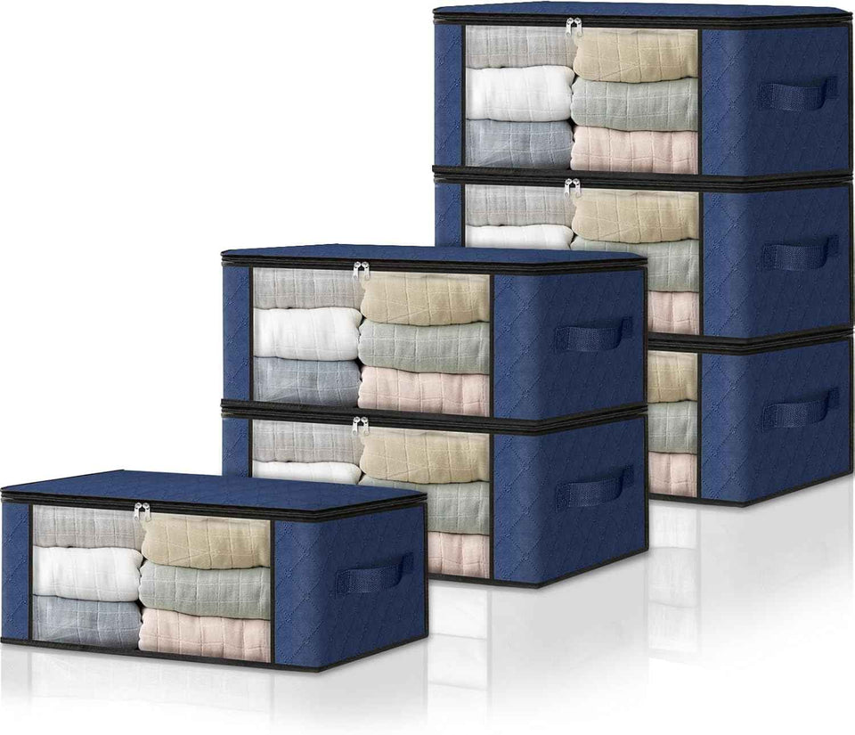 HomeHacks Storage 3-Pack Clothes Organizer Storage Bags Foldable Storage Box with Large Clear Window Sturdy Handles for Closet, Dorm, Pillows, Bedding, Clothes, Blankets, 35L, Gray