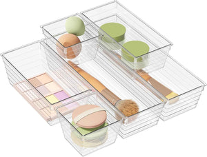 DCA 6 Pack Clear Drawer Organizer, Acrylic Drawer Storage Trays, Storage Bins for Makeup, Cosmetics, Jewelries, Utensils, Gadgets, Office