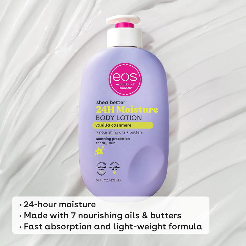 eos Shea Better Body Lotion Vanilla Cashmere, 24-Hour Moisture Skin Care, Lightweight & Non-Greasy, Natural Shea, Vegan, Vanilla Body Lotion, 16 fl oz