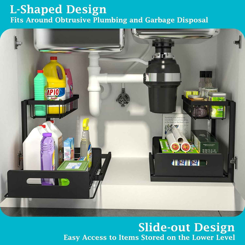 realinn black 2-tier under sink organizer with pull-out cabinet storage and slide-out shelf for small kitchens