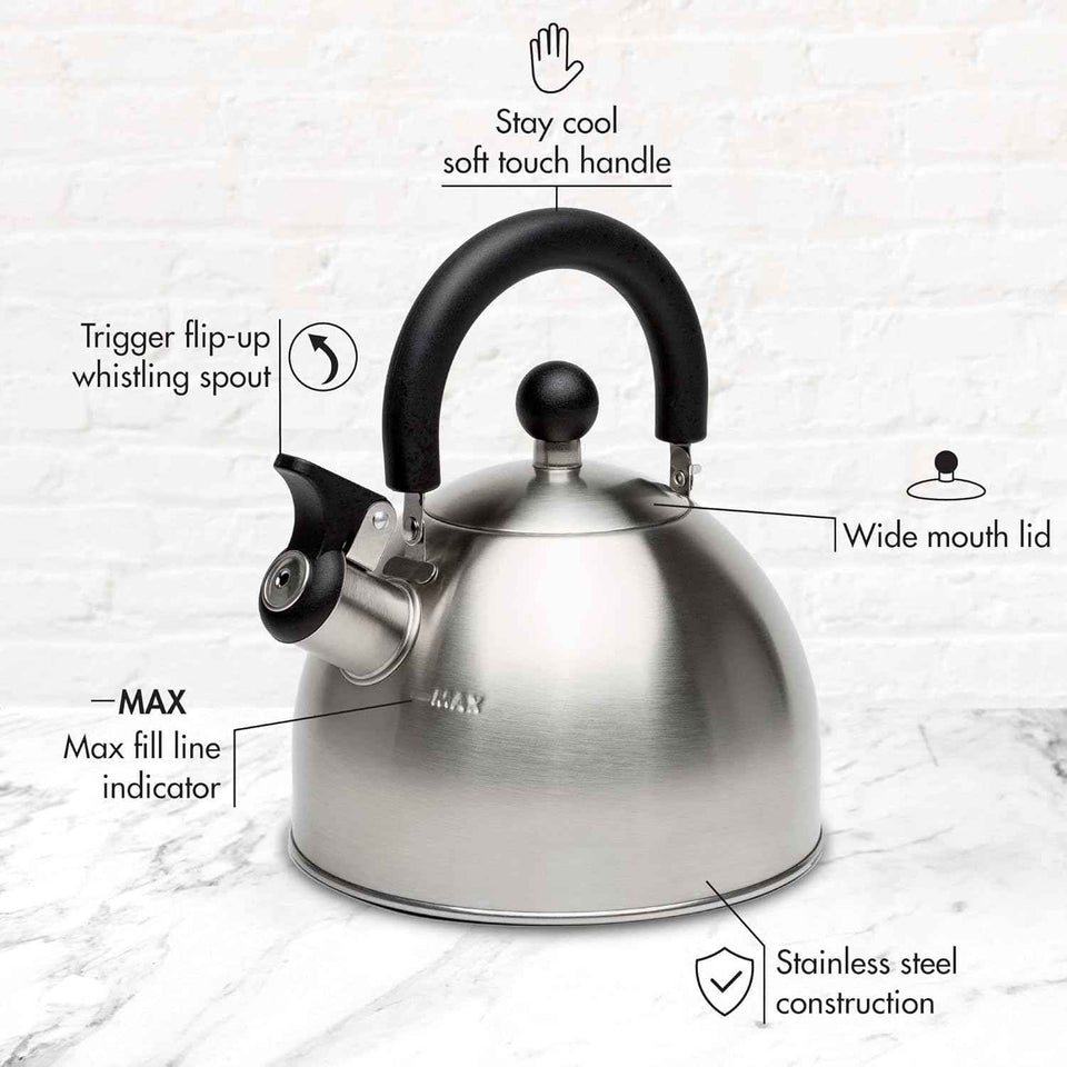 Primula Stewart Whistling Stovetop Tea Kettle, 1.5-Quart, Food Grade Stainless Steel, Hot Water Fast, Cool Touch Folding Handle, Black