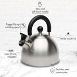 Primula Stewart Whistling Stovetop Tea Kettle, 1.5-Quart, Food Grade Stainless Steel, Hot Water Fast, Cool Touch Folding Handle, Black