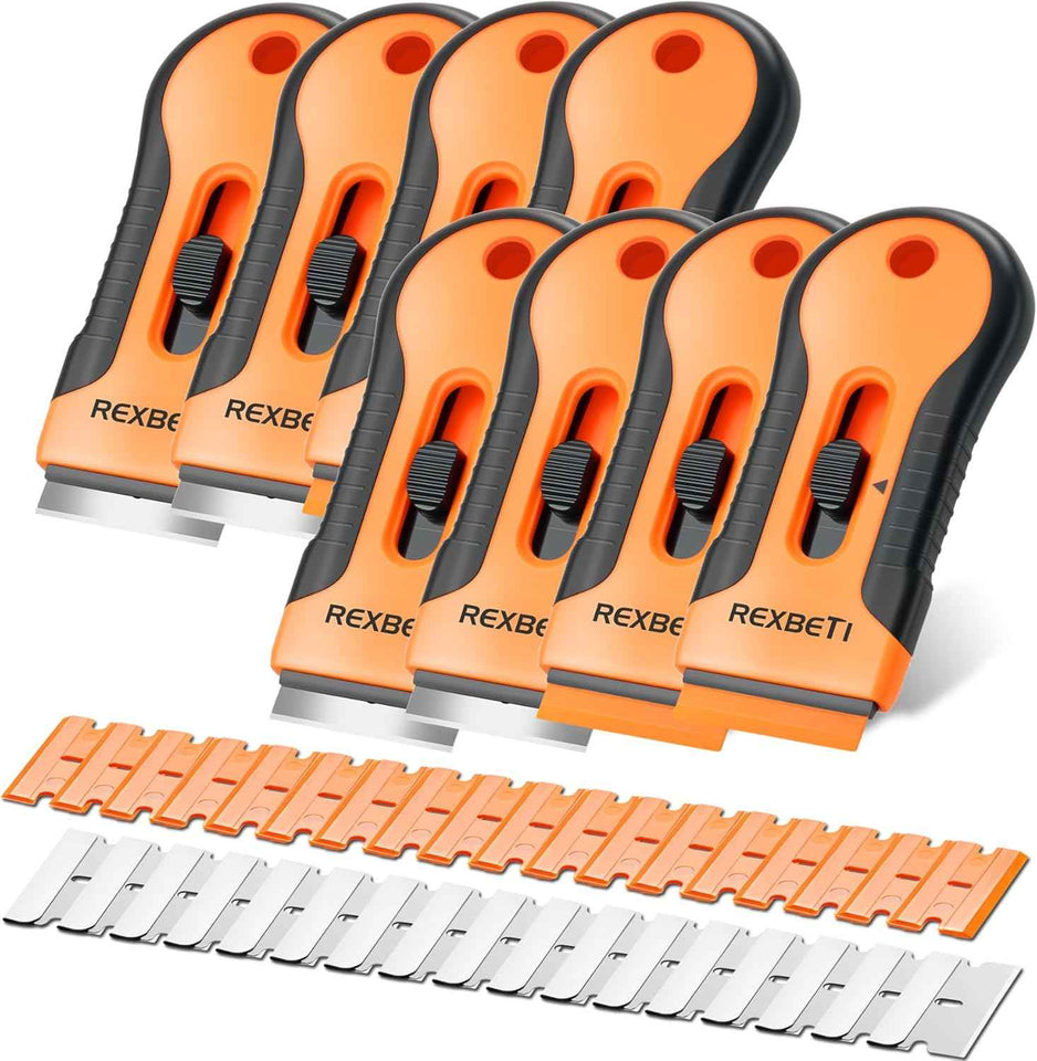 REXBETI Razor Blade Scraper Tool, 2 Pack Razor Scraper Set with Extra 80Pcs Razor Blades -30Pcs Metal and 50Pcs Plastic Blades, Cleaning Scraper Tool, Cooktop, Paint, Glass Scraper