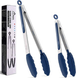 HOTEC Premium 7 & 9 Inch Kitchen Tongs, Stainless Steel Locking Cooking Tongs with Silicone Tips, Non-Scratch & Heat Resistant, Serving Tongs for Salad, BBQ, Classic Blue, Set of 2