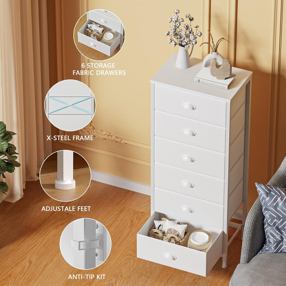 Furnulem White Tall Dresser for Bedroom,Vertical Storage Tower Unit and End Table with 6 Fabric Drawers, Nightstand Furniture with Drawer Organizer in Living Room,Closet,Entryway,Hallyway