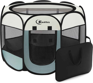 Dog Cat Playpen, Puppy Pet Playpen Indoor for Small Dogs Tent Crates Cage Outdoor, Portable Pop Up Dog Kennel Playpen with Carrying Case for Dogs/Cats/Rabbits, Removable Zipper Top, Grey