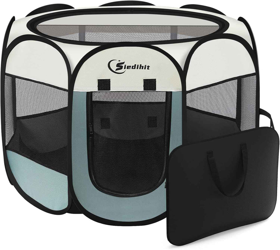 Dog Cat Playpen, Puppy Pet Playpen Indoor for Small Dogs Tent Crates Cage Outdoor, Portable Pop Up Dog Kennel Playpen with Carrying Case for Dogs/Cats/Rabbits, Removable Zipper Top, Grey