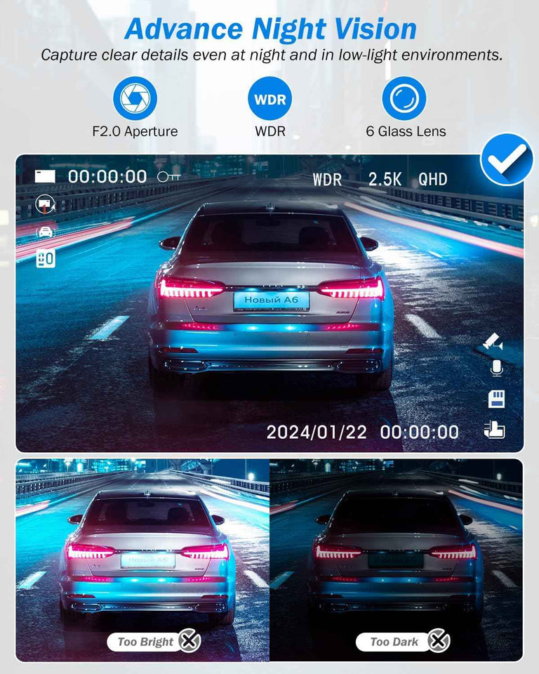 Dash Cam Front and Rear, 2.5K+1440P Triple Car Camera with 32GB Card, 3 Channel Dash Camera for Cars, G-Sensor, 3.16” IPS Screen, 24Hr Parking, 170°Wide Angle, Loop Recording, IR Night Vision, Blue
