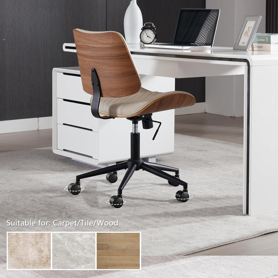 Home Office Chair No Arms with Wheels, Adjustable Height Small Desk Chair, PU Leather Mid Back 360 Swivel Computer Chair, Armless Modern Walnut Chair for Office, Reading Meeting Room(Beige)