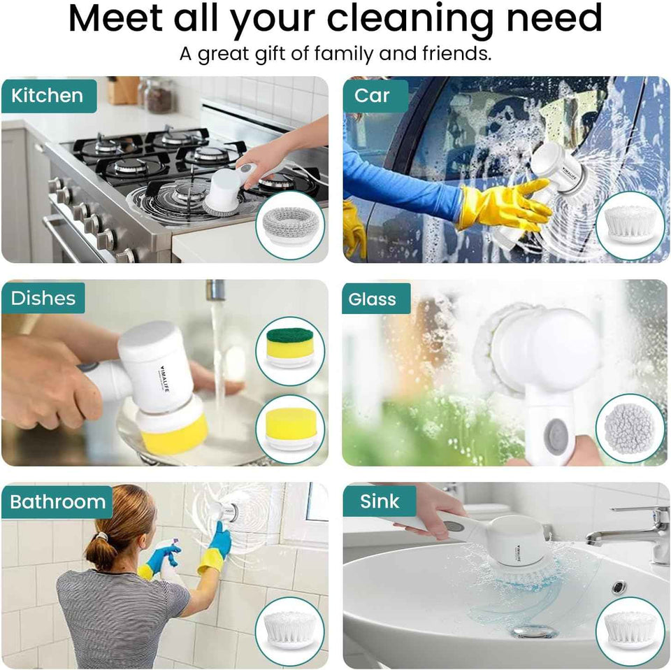 VIMALIFE Electric Spin Scrubber - Cordless, IPX6 Waterproof, 5 Replaceable Heads for Bathroom, Tiles, Car Wash, Kitchen Cleaning