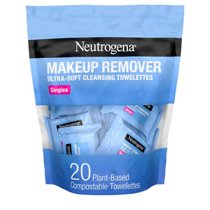 Neutrogena daily makeup remover wipes, 20 count, single face cleansing towelettes, alcohol-free, 100% plant-based
