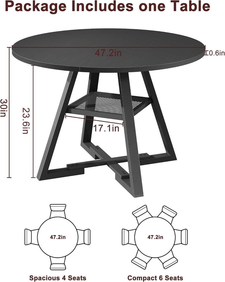 Round Dining Table for 4,Kitchen Dining Room Circle Dinner Pedestal Table,Space Saving Wood Kitchen & Dining Room Furniture (Black, 47In)