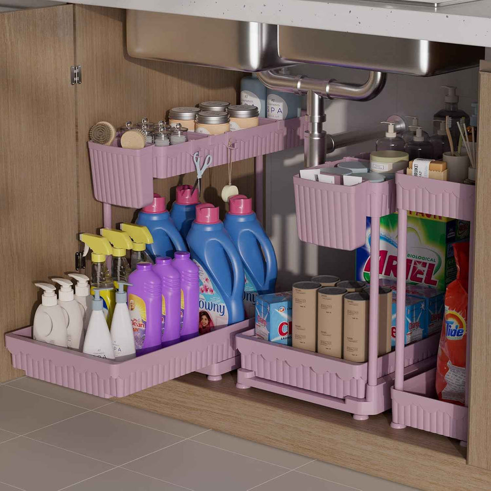 3 Pack Multi-Purpose Under Sink Organizers and Storage, 2026 L-Shaped Pull Out Cabinet Organizer for Bathroom & Kitchen, Under Cabinet Organizer with Hooks Hanging Cup, Black