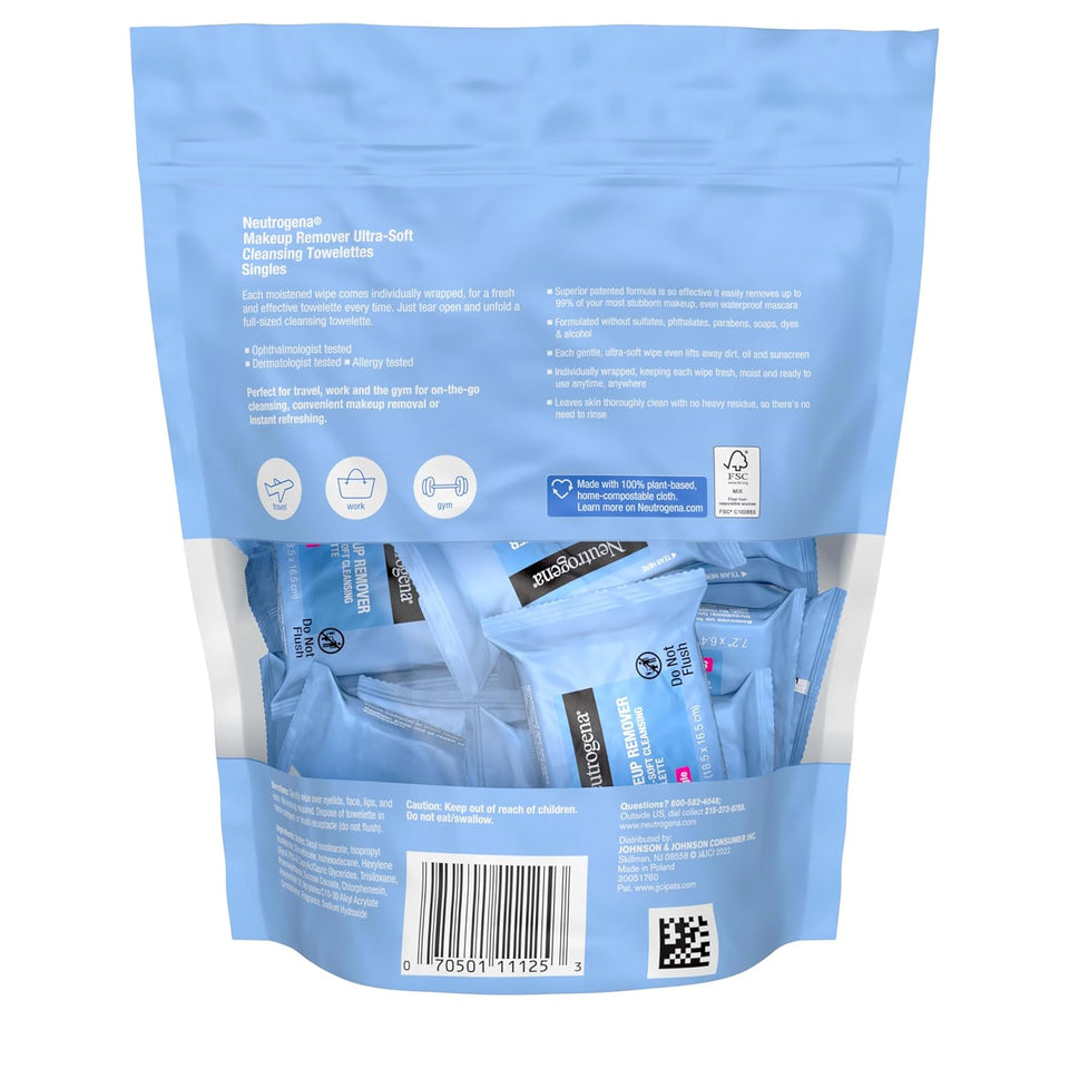 Neutrogena daily makeup remover wipes, 20 count, single face cleansing towelettes, alcohol-free, 100% plant-based