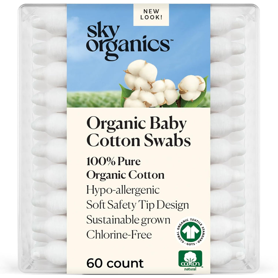 Sky Organics organic baby cotton swabs, 60 count, ultra soft, baby safe tips, strong and durable, hypoallergenic, chlorine free