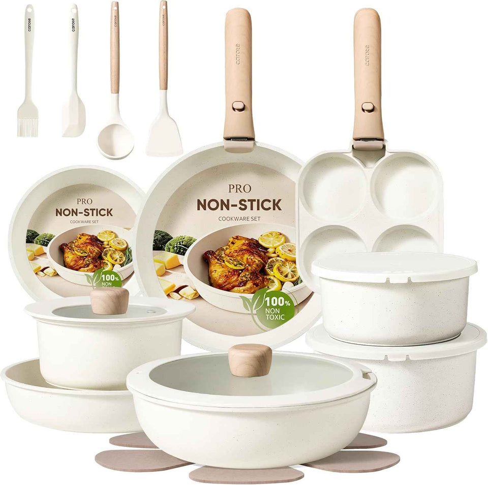 CAROTE 19pcs Pots and Pans Non Stick, Cookware Sets Detachable Handle, Induction Kitchen Pots and Pans,NonStick Cooking Set, Oven/Dishwasher/Fridge Safe, Space Saving