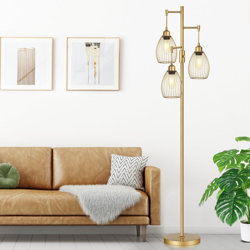 Dimmable Floor Lamp, Industrial Floor Lamps for Living Room, Gold Tree Lamp Standing Lamp Tall Lamps with 3 Elegant Teardrop Cage Head & 800 Lumens LED Bulbs for Living Room Bedroom Office