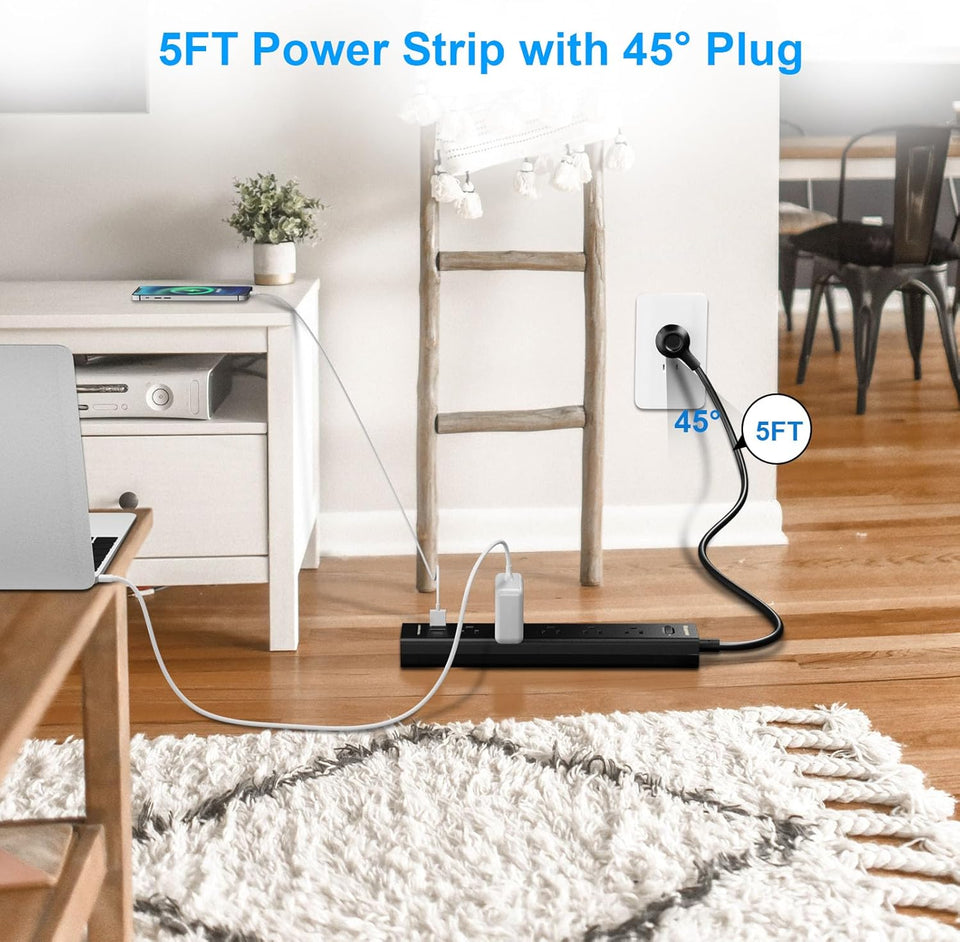 black 2-pack power strip with 5 outlets, 3 usb ports, 1250w surge protector, 5ft cord, wall mount for home office