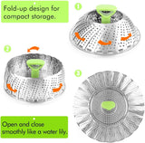 Stainless Steel Veggie Steam Basket for Pot, Foldable and Expandable Steaming Insert with Extendable Handle Fits 5.1" to 9" Pots