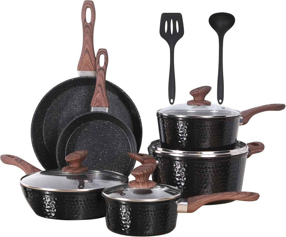 Kitchen Academy Induction Pots and Pans Set Non Stick - 12 Piece Granite Cookware Set, Black Kitchen Nonstick Cooking Pans Set